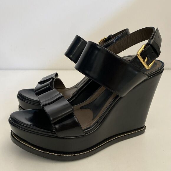 MARNI Sandal Wedge Open Toe Platform Ankle Strap Bow Black Leather 8 - Picture 5 of 10